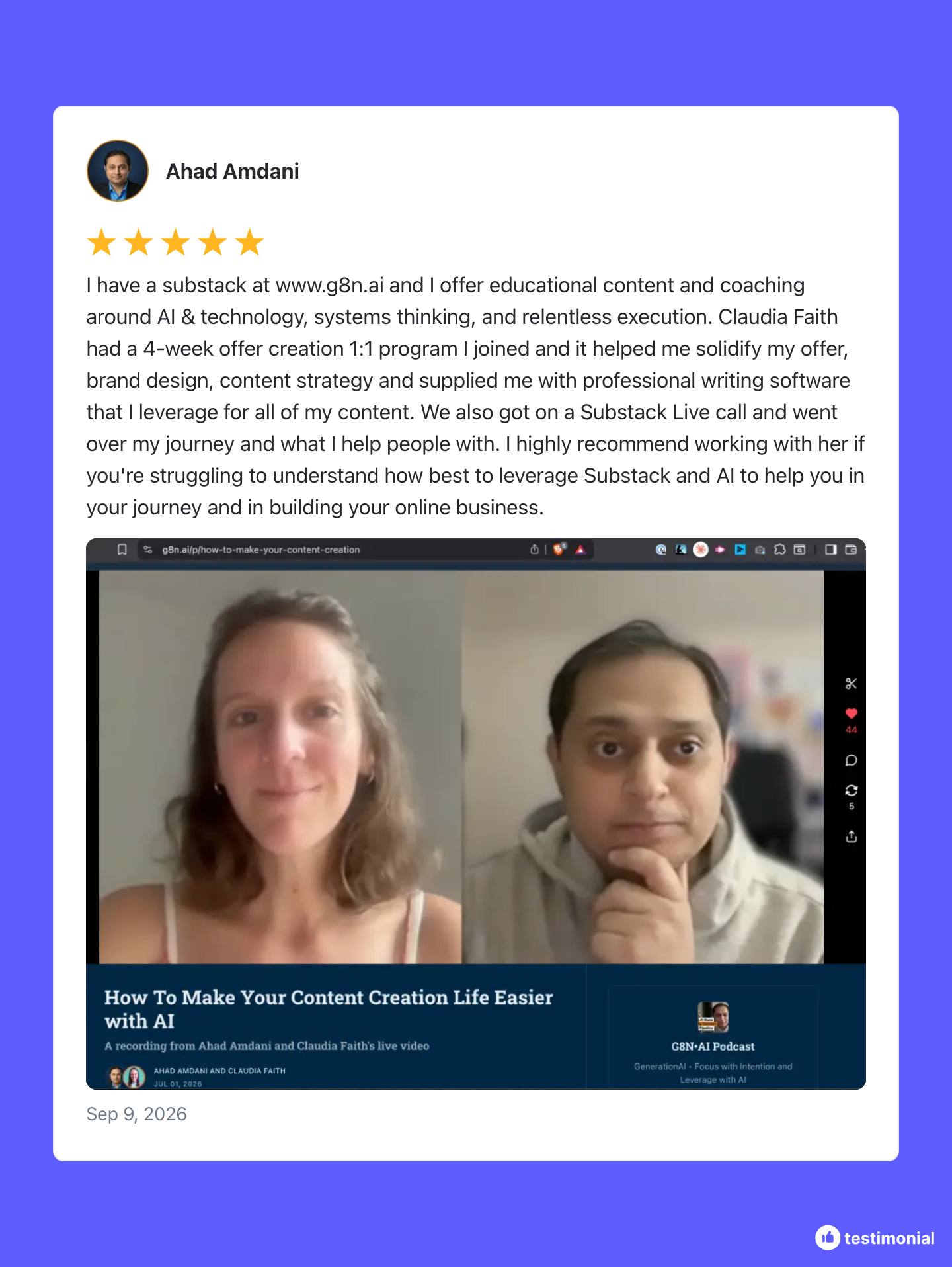 Five-star coaching review from Ahad Amdani